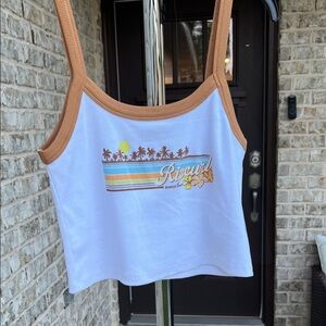 Rip Curl White Cami with Brown Trim and Beach Graphic Crop